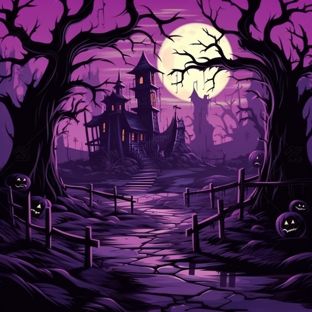 Фиолетовая и черная иллюстрация жуткого замка в лесу