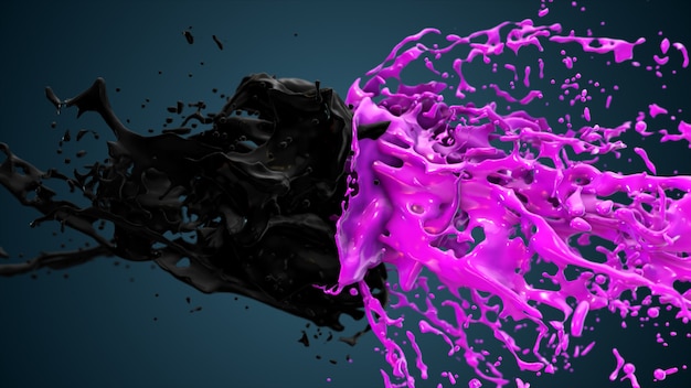 Purple and black liquids collide, drops splatter fly to the sides.