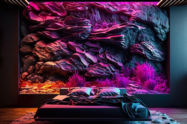 배경에 산과 침대가 있는 보라색과 검은색의 방.