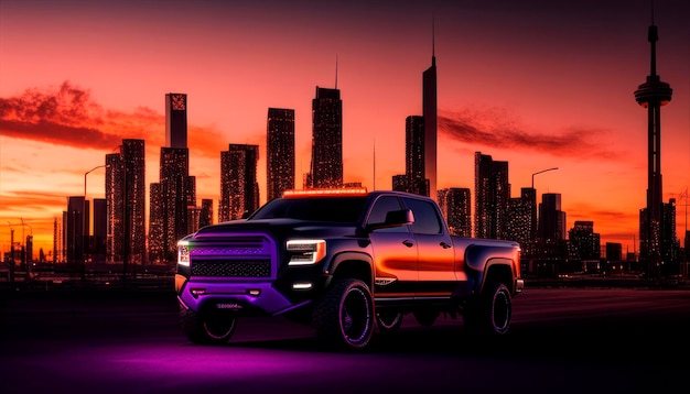 A purple and black truck with a city in the background