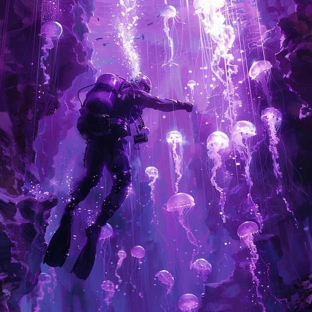 Photo purple and black underwater scene with a diver and jellyfishs generative ai