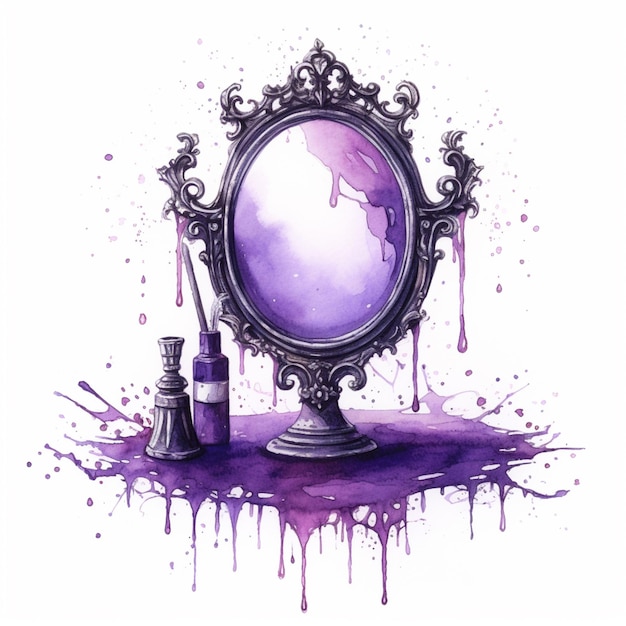 purple and black watercolor painting of a mirror with a brush and a bottle generative ai