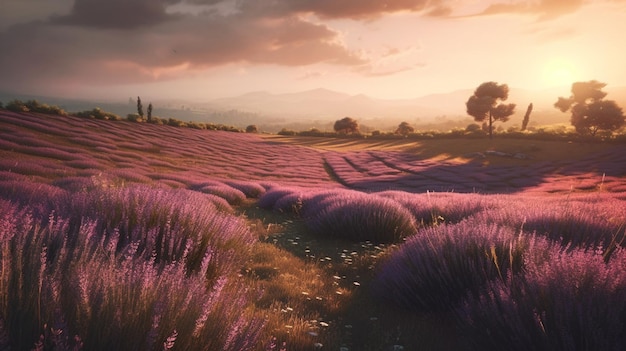 Purple blooming lavender field Generative Ai
