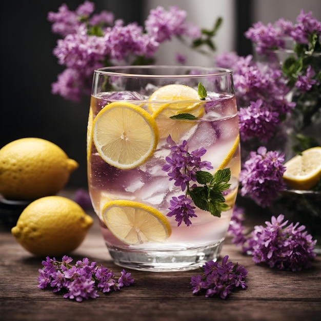 Purple Blooms and Zesty Lemon A Glass of Refreshing Water