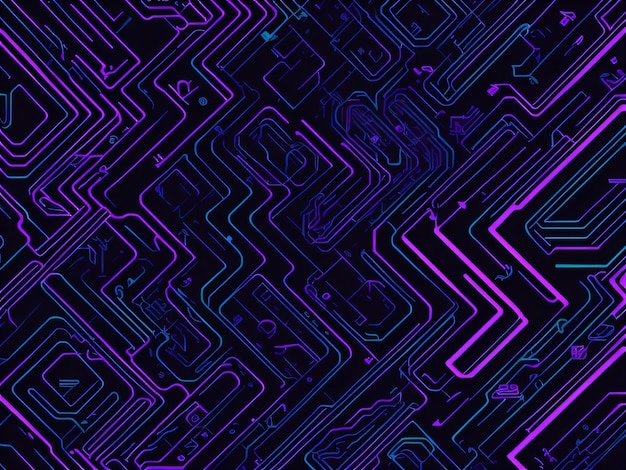 A purple and blue background with a circuit board pattern.