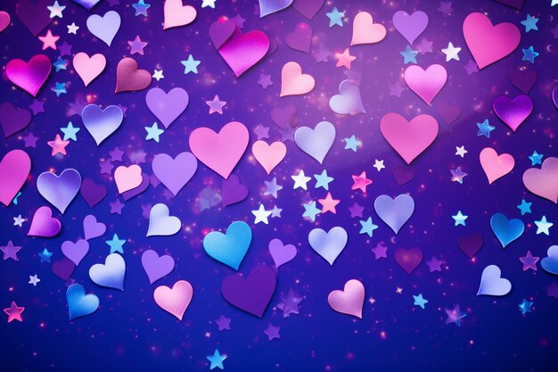 A purple and blue background with a pattern of stars and hearts