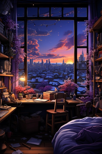 purple and blue bedroom with a view of the city generative ai