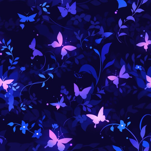 Photo purple and blue butterflies and flowers on a black background generative ai