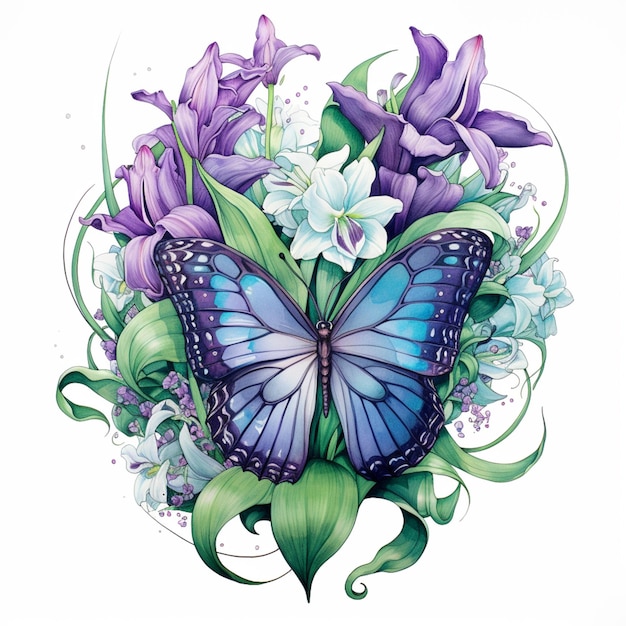 purple and blue butterfly with flowers and leaves on a white background generative ai