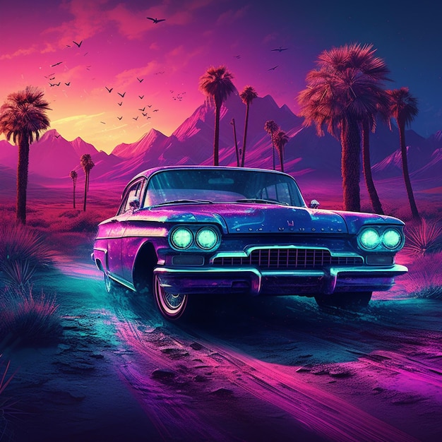 Purple and blue car driving on a road in the desert generative ai