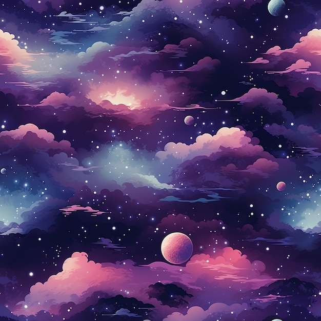 purple and blue clouds and planets in the sky with stars generative ai