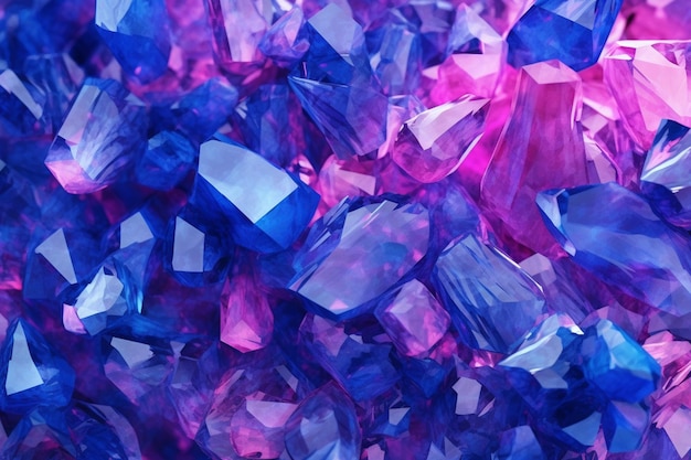 Purple and blue crystals are scattered together on a pink background generative ai