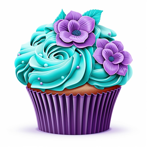 purple and blue cupcake with flowers on top on a white background generative ai