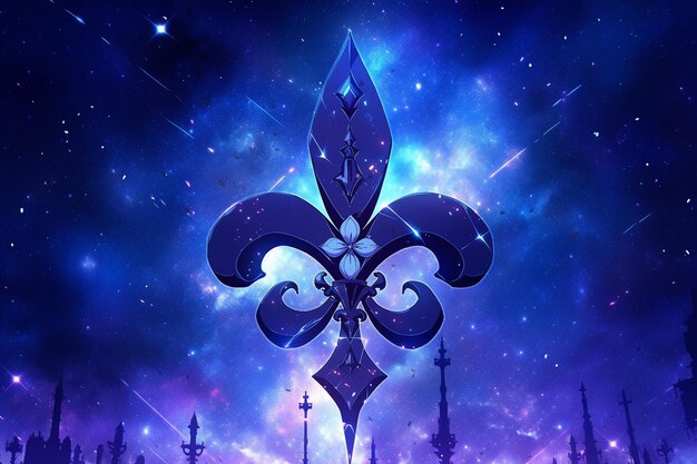 Photo purple and blue fleur de lis with stars in the background generative ai