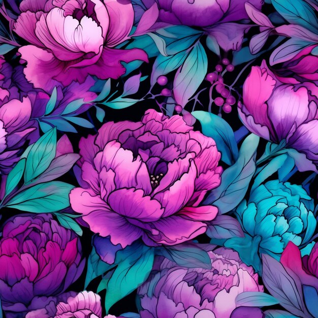 Purple and blue flowers are on a black background generative ai