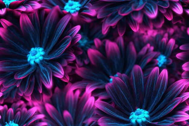 Photo purple and blue flowers are in a field with a blue center generative ai