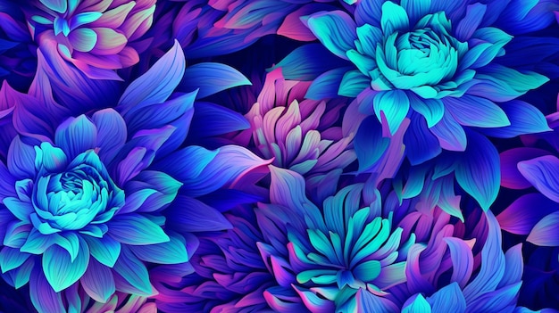 Purple and blue flowers are in a group with green leaves generative ai