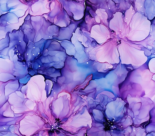 Purple and blue flowers are in a large group on a purple background generative ai