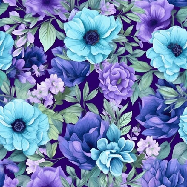 Purple and blue flowers are on a purple background generative ai