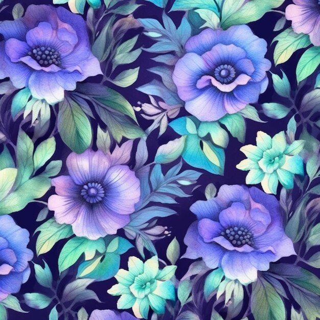 Purple and blue flowers on a black background with green leaves generative ai