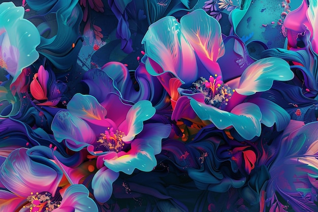 Purple and Blue Flowers on Blue Background