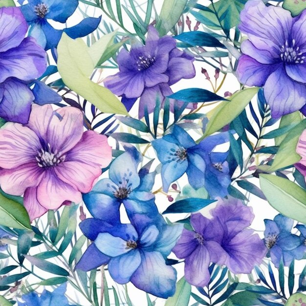 Purple and blue flowers and leaves on a white background generative ai