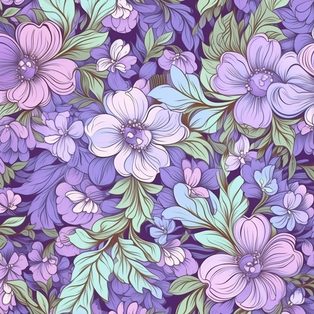 Purple and blue flowers on a purple background generative ai