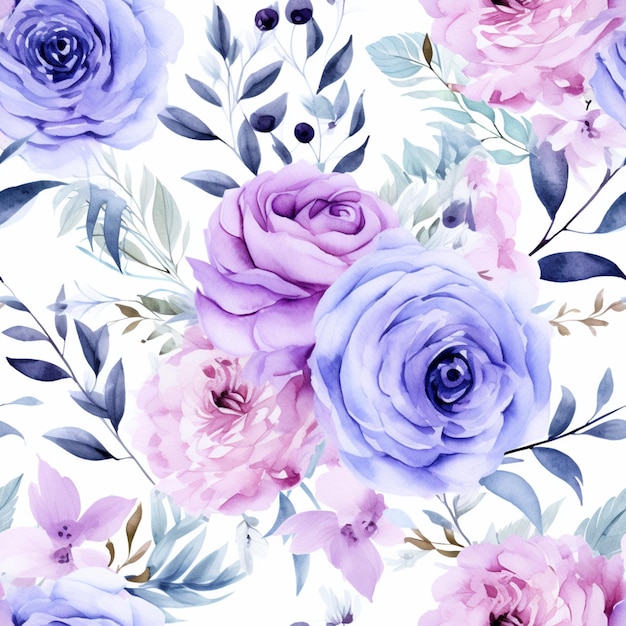Purple and blue flowers on a white background. generative ai
