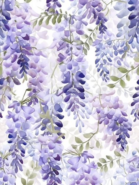 Purple and blue flowers on a white background with green leaves generative ai