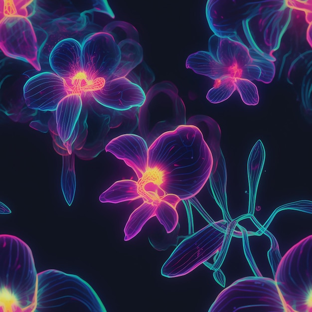 Purple and blue flowers with a black background generative ai