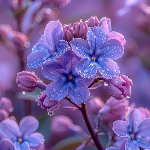 Photo purple and blue flowers with water droplets on them