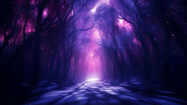 A purple and blue forest with a light at the end of the tunnel