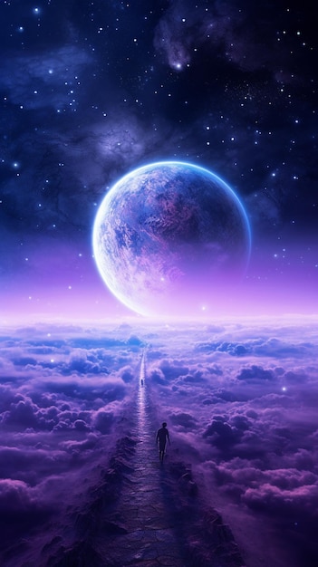 A purple and blue galaxy wallpaper with a purple and blue planet and a purple planet.