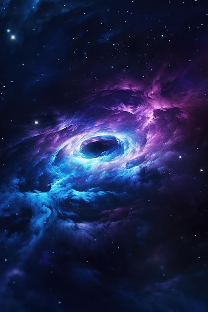 A purple and blue galaxy with a black hole in the center.