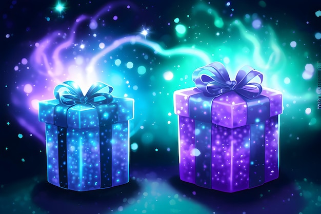 purple blue gift 3D boxes with golden ribbon with gradient background