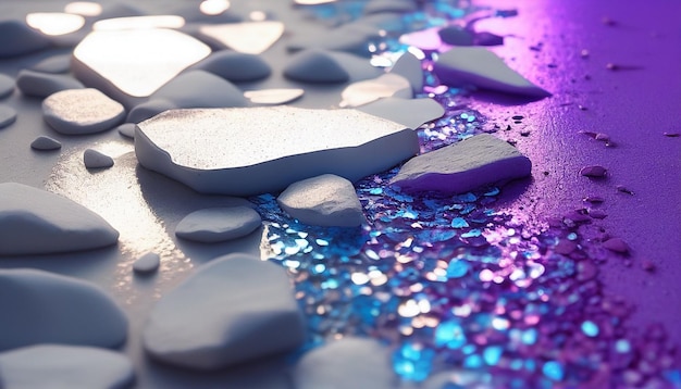 A purple and blue glittery background with rocks and glitter.