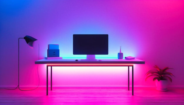 A purple and blue glow lighting desk in a room