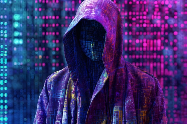 A purple and blue hoodie with the word cyberpunk on it.