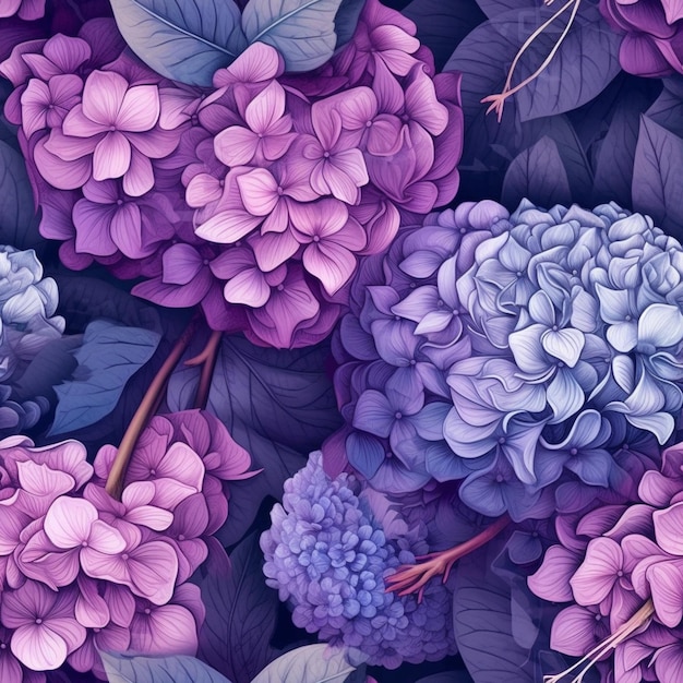 purple and blue hydrant flowers with green leaves on a black background generative ai