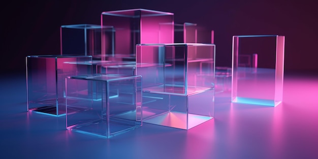 A purple and blue lit up cubes with the words'glass cubes'on the bottom.