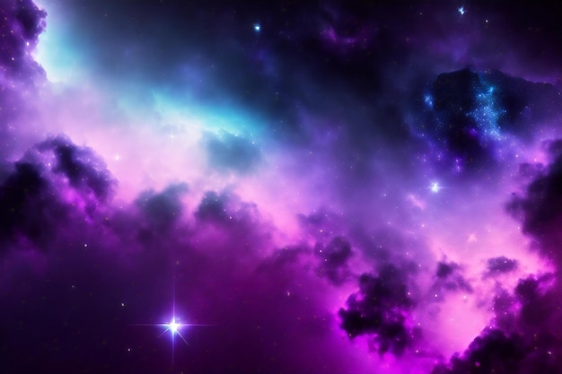 A purple and blue nebula with stars in the background