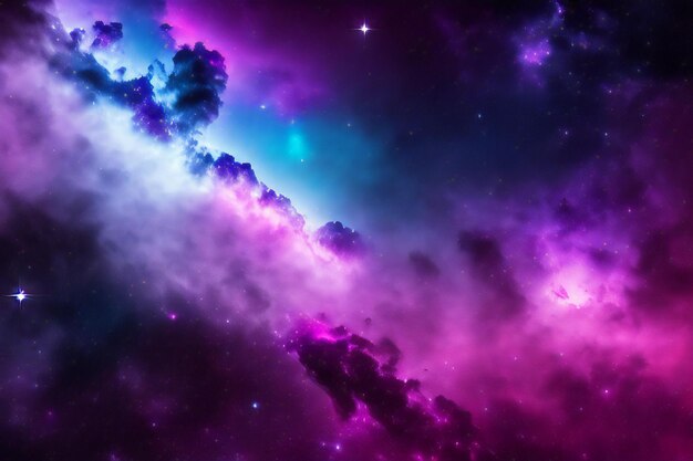 A purple and blue nebula with stars in the background