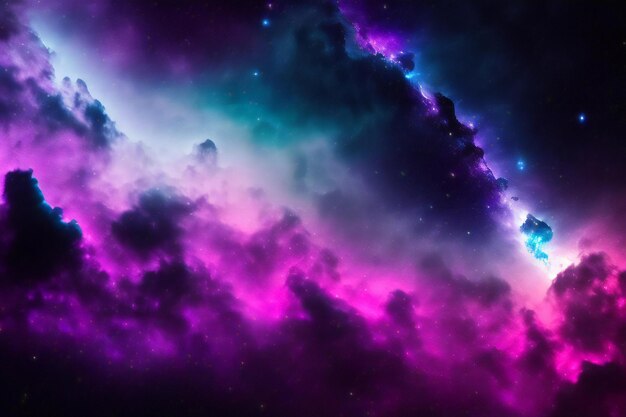 A purple and blue nebula with stars in the background