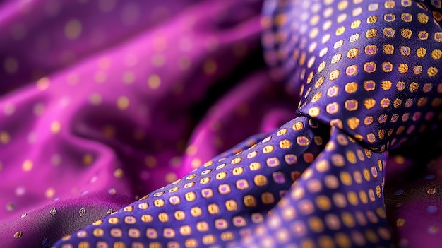 Photo purple and blue necktie with small golden polka dots the tie is folded on a purple cloth with the same pattern