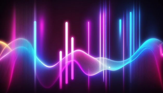 Photo a purple and blue neon light background with a wave and the word music on it.