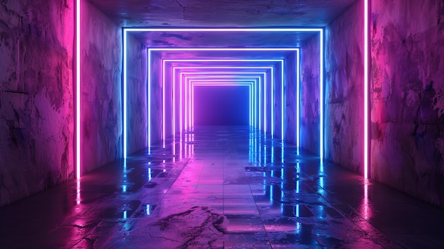 Purple and blue neon lights diagonally illuminate a dark room