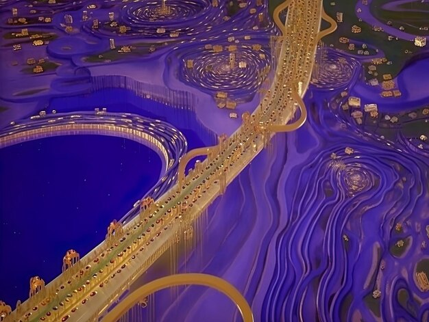 Photo a purple and blue painting of a bridge and a circle of gold