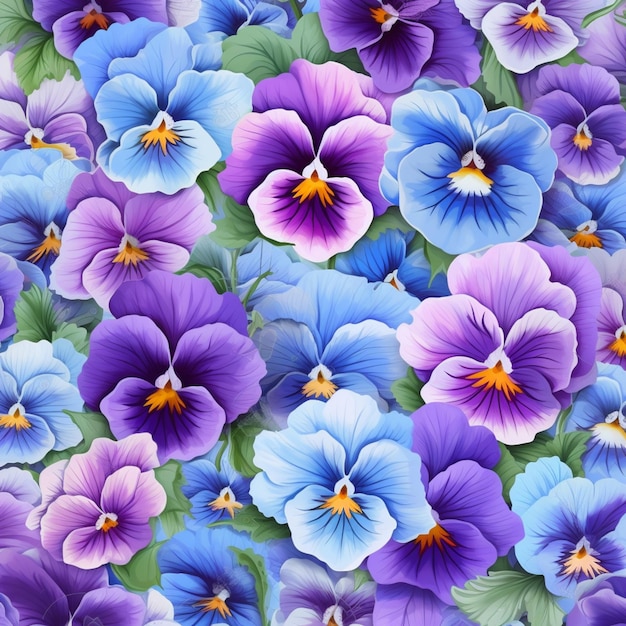 Purple and blue pansies are in a field of green leaves generative ai