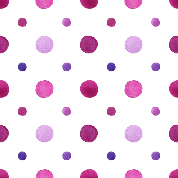 Purple and blue polka dots watercolor painting in seamless pattern