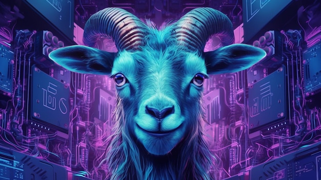 A purple and blue poster of a goat with horns